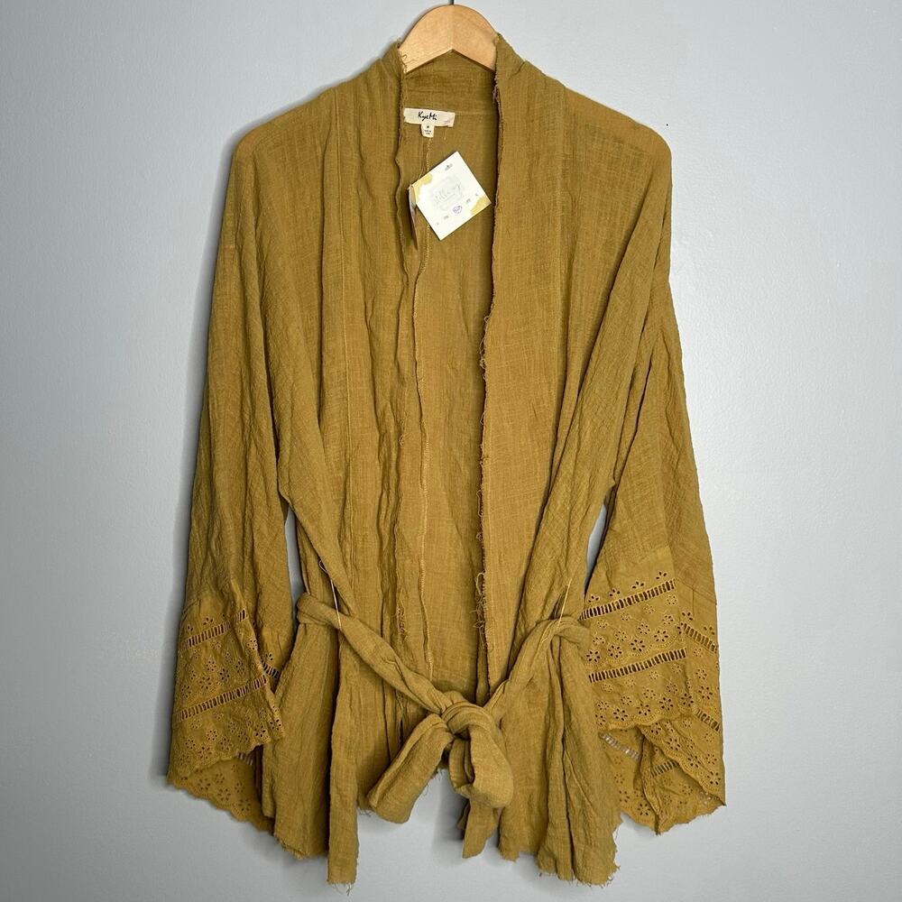 Kye Mi Women’s Mustard Cotton Tie Waist Bell Crochet Sleeved Cover Up Size M NWT